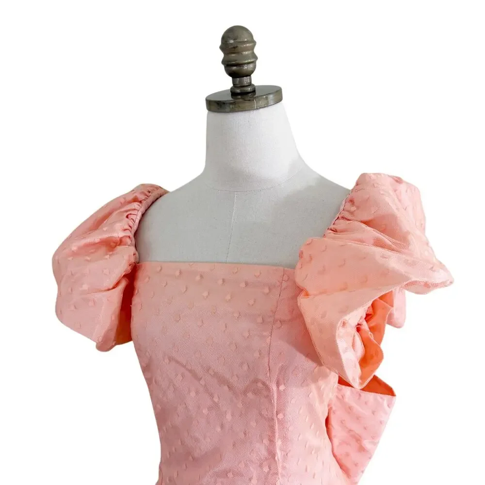 Vintage 80s Peach Tulle Swiss Dot Prom Dress Sz XS/S Short Sleeve Ruffle Accent